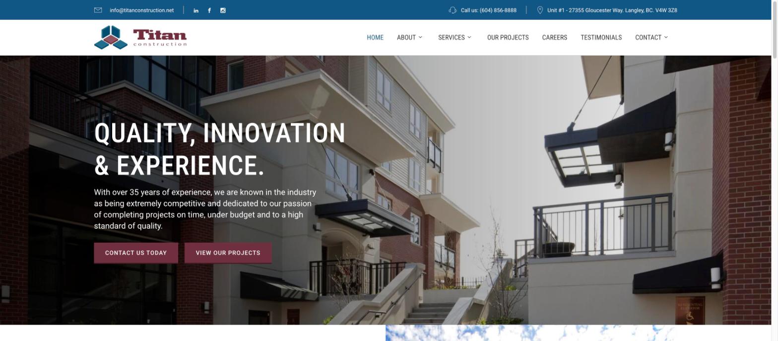 Titan Construction's new homepage
